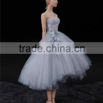 AR-73 Sleeveless High-Low Vestido Novia 3D Flowers Sash Ball Gown A-Line Alibaba Short Gray Tulle Prom Dress curto