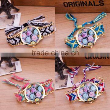 Women National Friendship Round Dial Wrist Analog Quartz Chain Geneva Braided Watch Bracelet