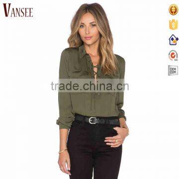 Womens Classic Long Sleeve Ruffled Shoulder Solid Chiffon Blouse