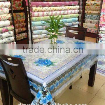 2015 Newest transparent printed flowers design pvc table cloth with straight or lace edge