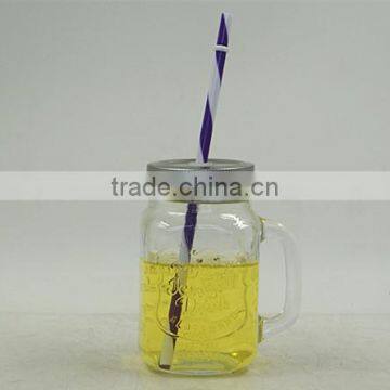 wholesale glass mason jar 400ml with handle and straw, metal lid