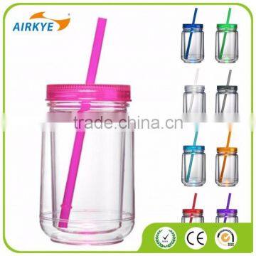 16OZ Mason Jar Cup Blank Clear Double Wall Insulated Tumbler Travel Mug Straw