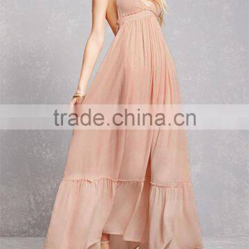 Factory Price Adjustable Tasseled Self-tie Halter Neckline Front V-cut Open Back Flowy Crepe Woven Halter Maxi Dress photo-5