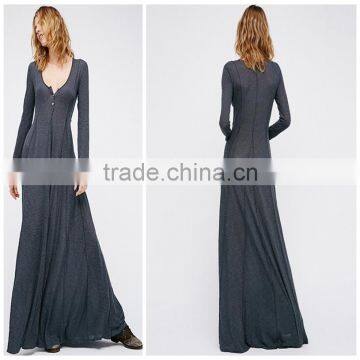 Women Gray Color Long Sleeve Scoop Neck Button Front Maxi Shirt Dress