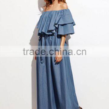 Ladies Ruffled Neck Off The Shoulder Short Sleeve Blue Color Tie Waist Long Maxi Denim Dress photo-4