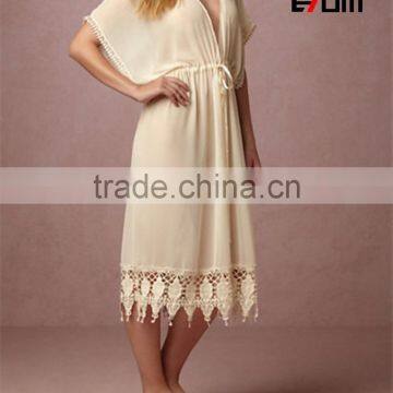 Customize ladies luxury cotton knee length robe, sexy lace trim kimono robe 2017031