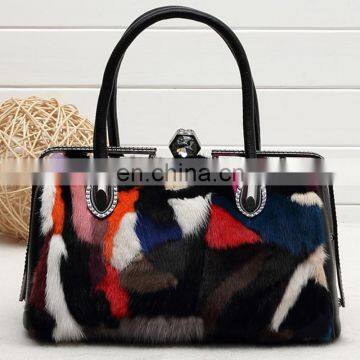 Real mink fur lady handbag multicolor fur leather bag for women fashion