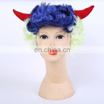 white and blue Devil Fans Wig with Horns