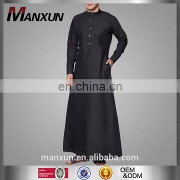 Black High Quality Front Button Thobe Stiff High Collar Fashion Shirts Islamic Men Clothing Jubah