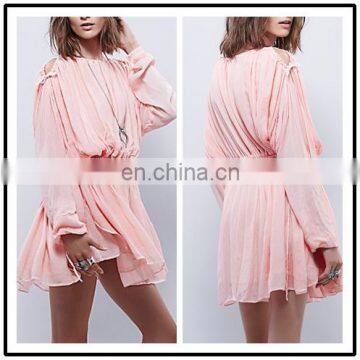 New 2015 Autumn Full Lined Ruffle Long Sleeve Cold Shoudler Elegant Ladies Shift Dress Pink NT6748