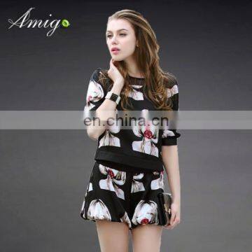 2015 summer full print women t shirt and short pants set hot sale wholesale