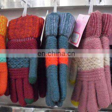 Lady knit wool touch screen full finger gloves with strip