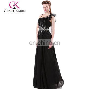 Grace Karin One Shoulder Flower Floor Length Black And Red Evening Dresses CL4448-1