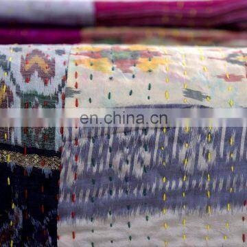 Indian Handmade Silk Saree Fabric Patchwork Kantha Quilt Queen Bedding Throw Reversible Bedspread photo-3