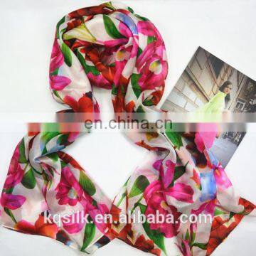 5 colors printed pure silk long habotai ladies silk neck scarf with big flower pattern