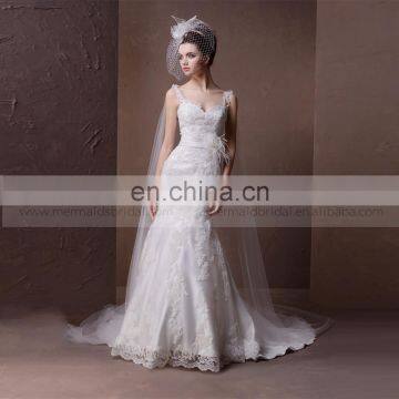 Radiant sweet heart mermaid v -neck elegant lace and feathers handwork wedding dress with a chapel train