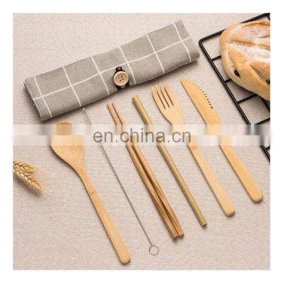 Tableware Set Bamboo Cutlery Set Wood Straw With Travel Cloth Bag Wooden Spoon Fork Knife Dinnerware Wholesale Bamboo photo-5