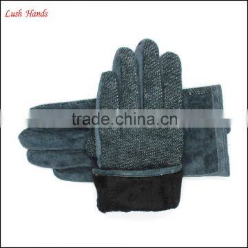 Fashion Ladies Back Dark Green Fabric and Palm Sheep Suede Gloves With Side Zipper photo-3