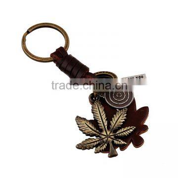 new custom fashion genuine leather leaf keyring keychain