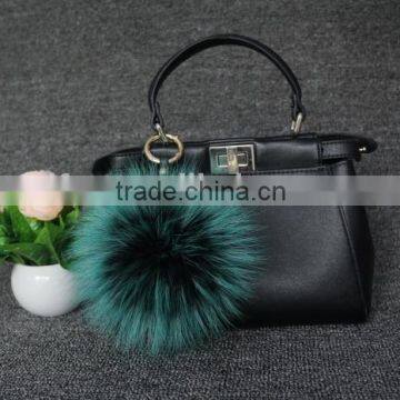 Fashion Design Factory Wholesale Leather Raccoon Fur Pompoms Keychain