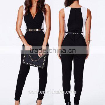 Sleeveless Contrast Color Sexy Style Belt Waist Long Jumpsuit