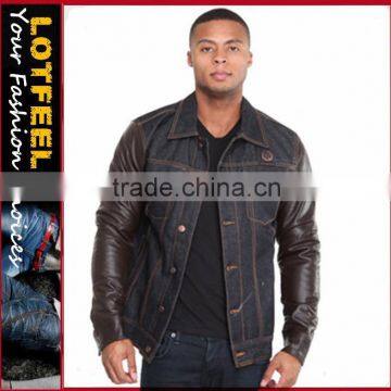 Top quality men denim jacket with leather sleeves (LOTJ320)