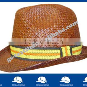 brown straw hat with striped ribbon