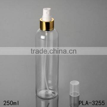 hot products round shoulder gold aluminum spray pet plastic bottle 250ml cosmetic perfume toner water clear pet bottle wholesale