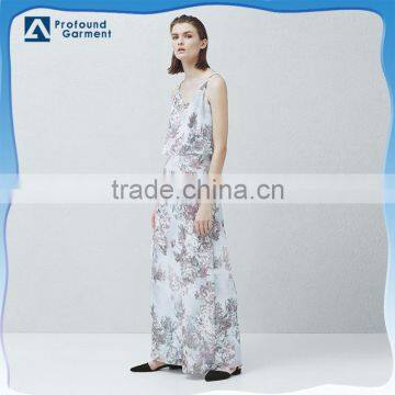 new style layered v neck strap chiffon long dress with high slits