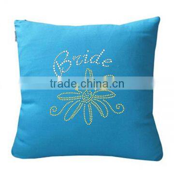 Crystal bride rhinestone transfer on blue throw pillow