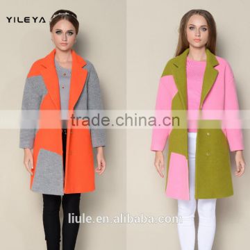 ODM designed fashionable wool warm branded contrasted colored young ladies long coats