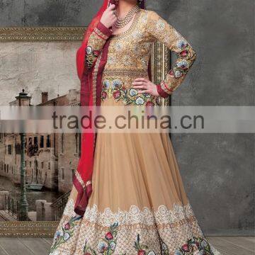 Brown color on rich embroidery heavy design at neck and border long Anarkali Designer Semi Stitch Salwar Kameez