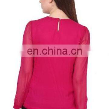 Popular Creation Latest Designer Chiffon Lace Neck Pattern Red Hot Comfortable Long Sleeve Western Beautiful Tunic Dress Top photo-3