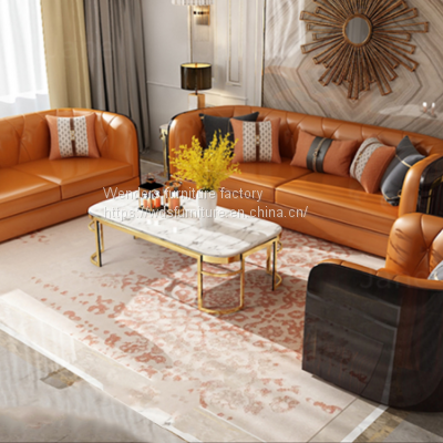 Italian light luxury sofa combination living room American upscale villa pull buckle Hermes orange postmodern microfiber leather
