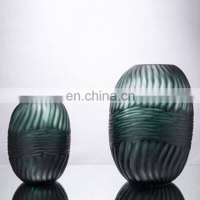 Nordic Cylindrical Corrugated Ripple Green Glass Flower Vase For Home Decor Decoration photo-2
