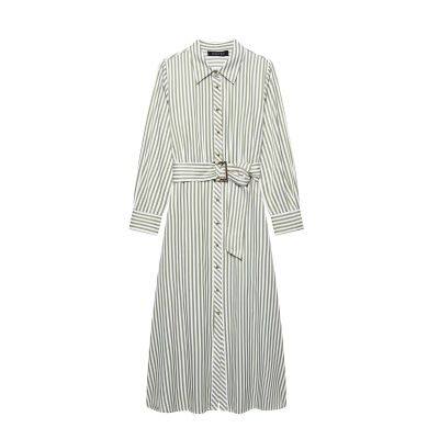 New Women's European and American Style French Fashion Dress With Waist Belt, Striped MIDI Dress photo-3