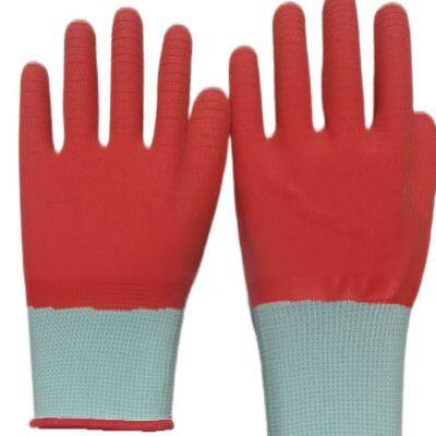 White Polyester Thread 13 Gauge Knitted Red Sea Wave Wrinkled Latex Hand Full Coated Safety Work Gloves