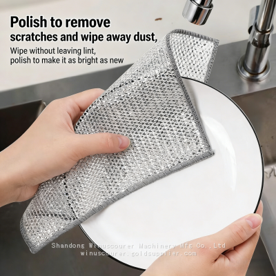 Double-layer Square Silver Polyester Quick-Dry Washable Dish Washing Cloth Kitchen Cleaning Thickened Steel Wire Mesh Degreasing photo-2