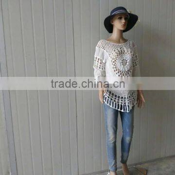 2016 Ladies Tops Hot Embroidery Lace Fabric Three Quarter Sleeve Coat Cotton Lace Hollow Out Vest photo-5