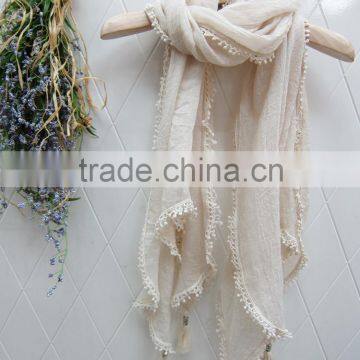 Fashion Latest Large Long Plain Cotton Linen Embroidery Lace Brim Tassel Scarf Shawl photo-4