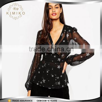 Latest Design High Quality Chiffon Star Print Blouse for Ladies