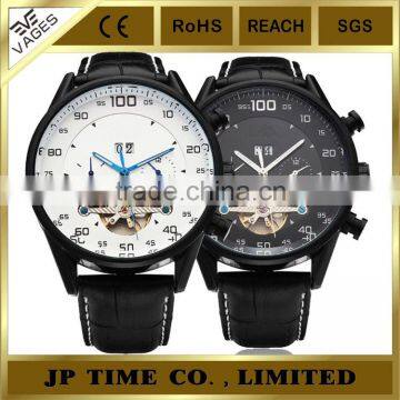 Tourbillon White Black face dail leather band automatic men watch Shanghai automatic movement