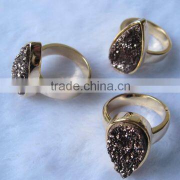 2015 Hot Druzy Jewelry 925 Sterling Silver coffee plated druzy quartz pear shape and gold plated silver ring