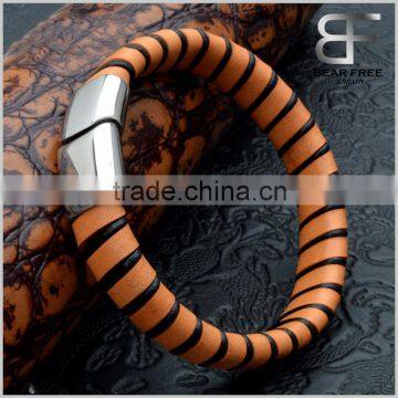 Brown and Black Stripe Leather Braided Cuff Bracelet Wristband, Couples Christmas Gift Stainless Steel Clasp photo-5