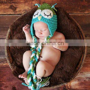 Crochet Baby Hat Blue and Green Owl Baby Boy Photography Prop