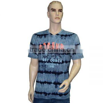 Men's T-shirt Knitted Denim Indigo Blue Tie-washed and used effects embroidery and prints