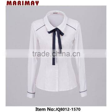 Wholesale white cotton women shirt latest fashion blouse design with ribbon bowknot