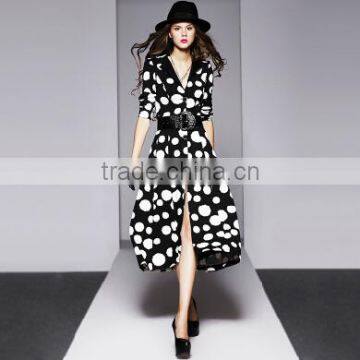 Women Polka-Dot Victoria long Trench Coat,Printed character wave point trench coat