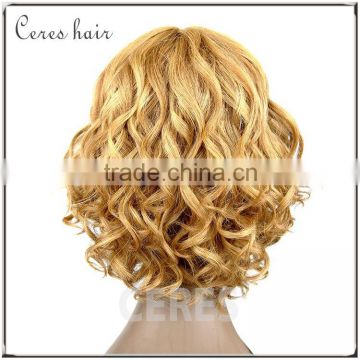 human hair+futura fiber blonde wigs short curly machine made blend material wig