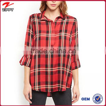 2015 3/4 length sleeve women plaid shirt